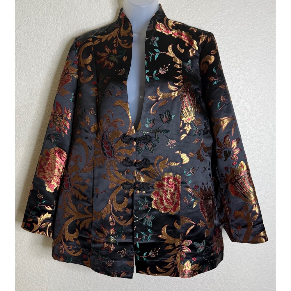 Soft Surroundings L Jacket Black Gold Red Floral Brocade Frog Closure Asian Chic